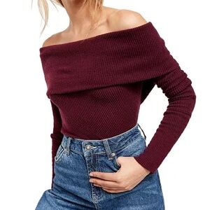 Free People Blackcherry Off-Shoulder Long Sleeve Top